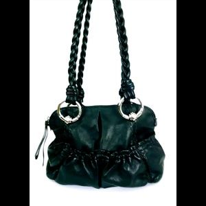 B.Makowsky Black Leather Medium Zip Top Bag